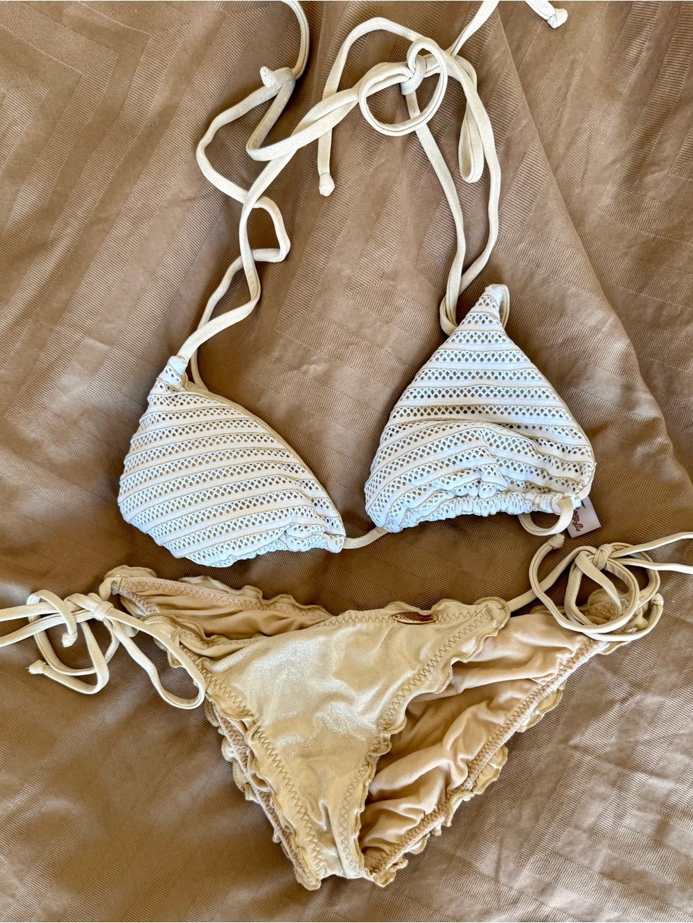 LULI FAMA Gold and Ivory Crochet Triangle Bikini Set NWOT - XS
